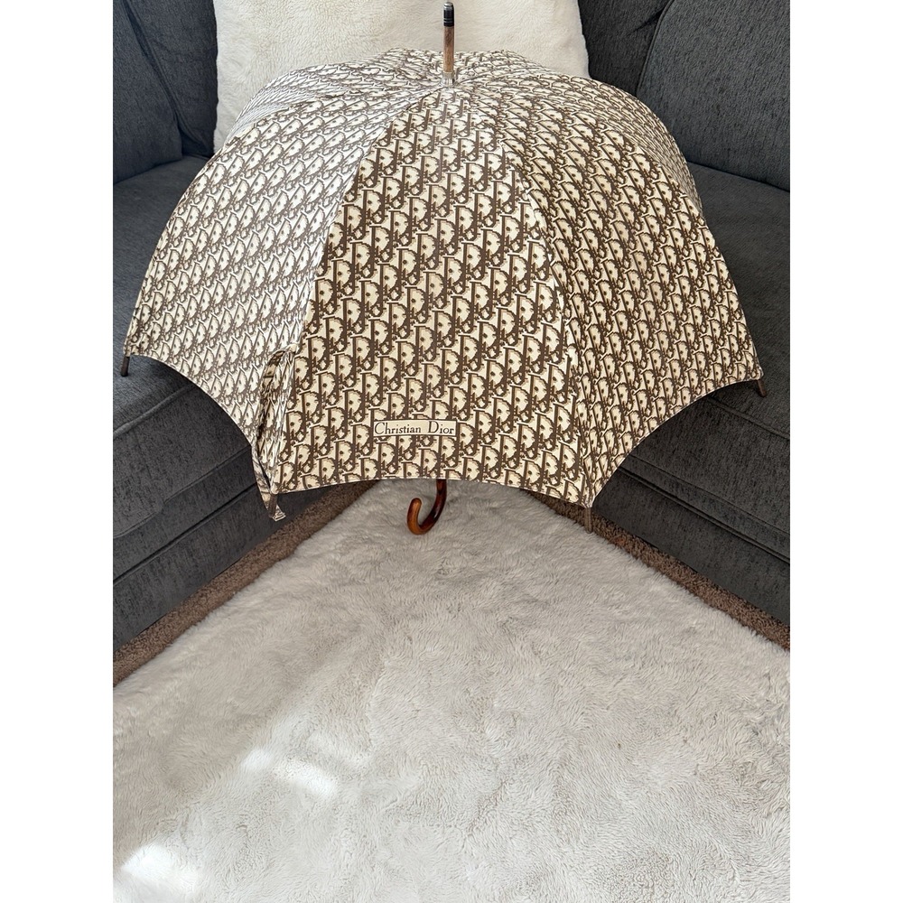 Vintage Christian Dior Trotter Oblique Umbrella Parasol Wood Handle 1970s